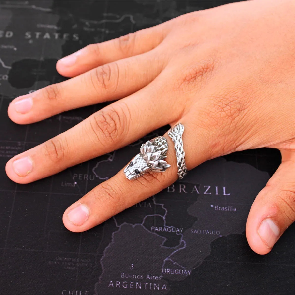 Anillo Quetzalcóatl Serpiente Ajustable Plata 925 Ojos Negro Ojos Negros