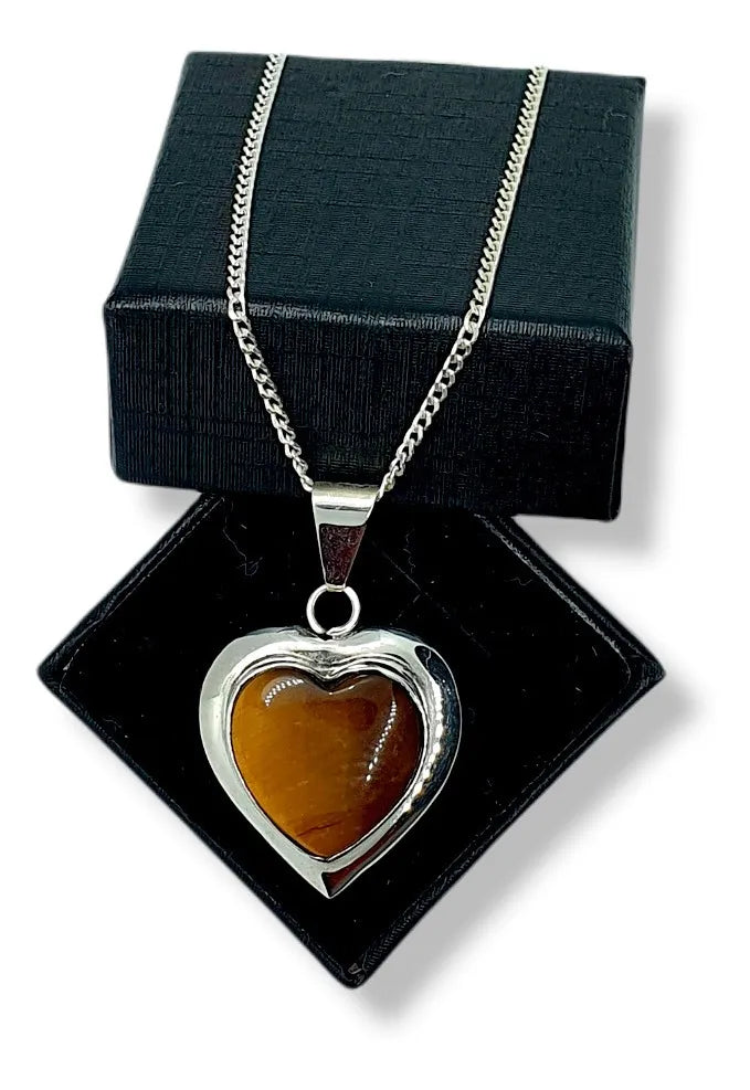 Dije Corazón Ojo De Tigre Plata 925 Taxco Cadena De Regalo
