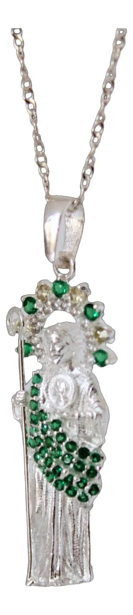 Dije Plata 925 San Judas Manto Esmeralda Y Zirconias Cadena Plateado