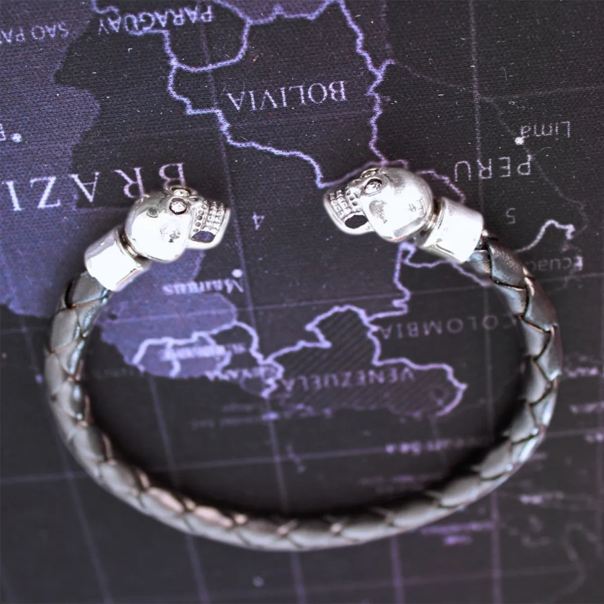 Pulsera Calaveras Plata 925 Piel Genuina Hombre Ajustable