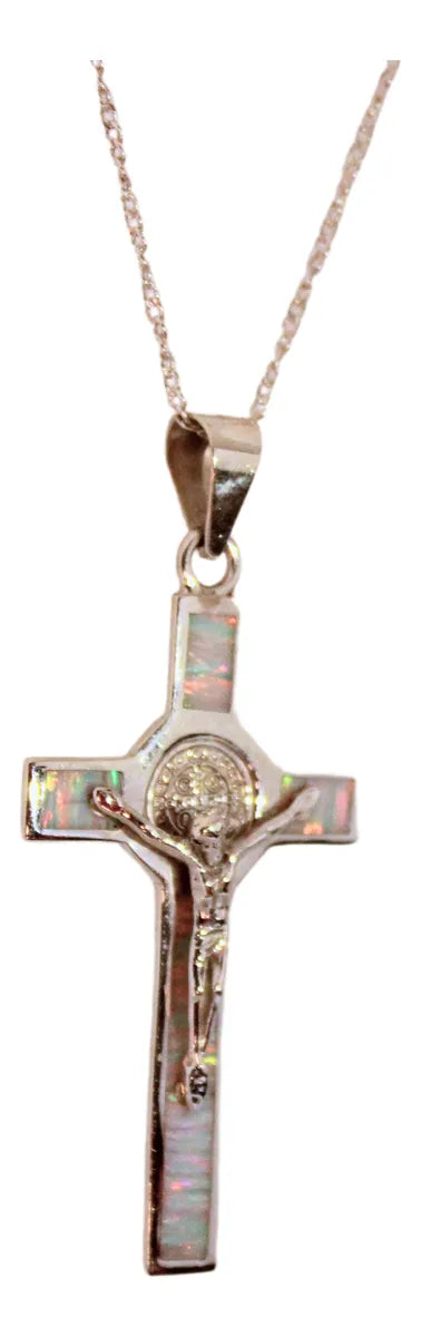 Dije Cruz San Benito Crucifijo Plata 925 Con Cadena Ópalo Blanco Unicornio