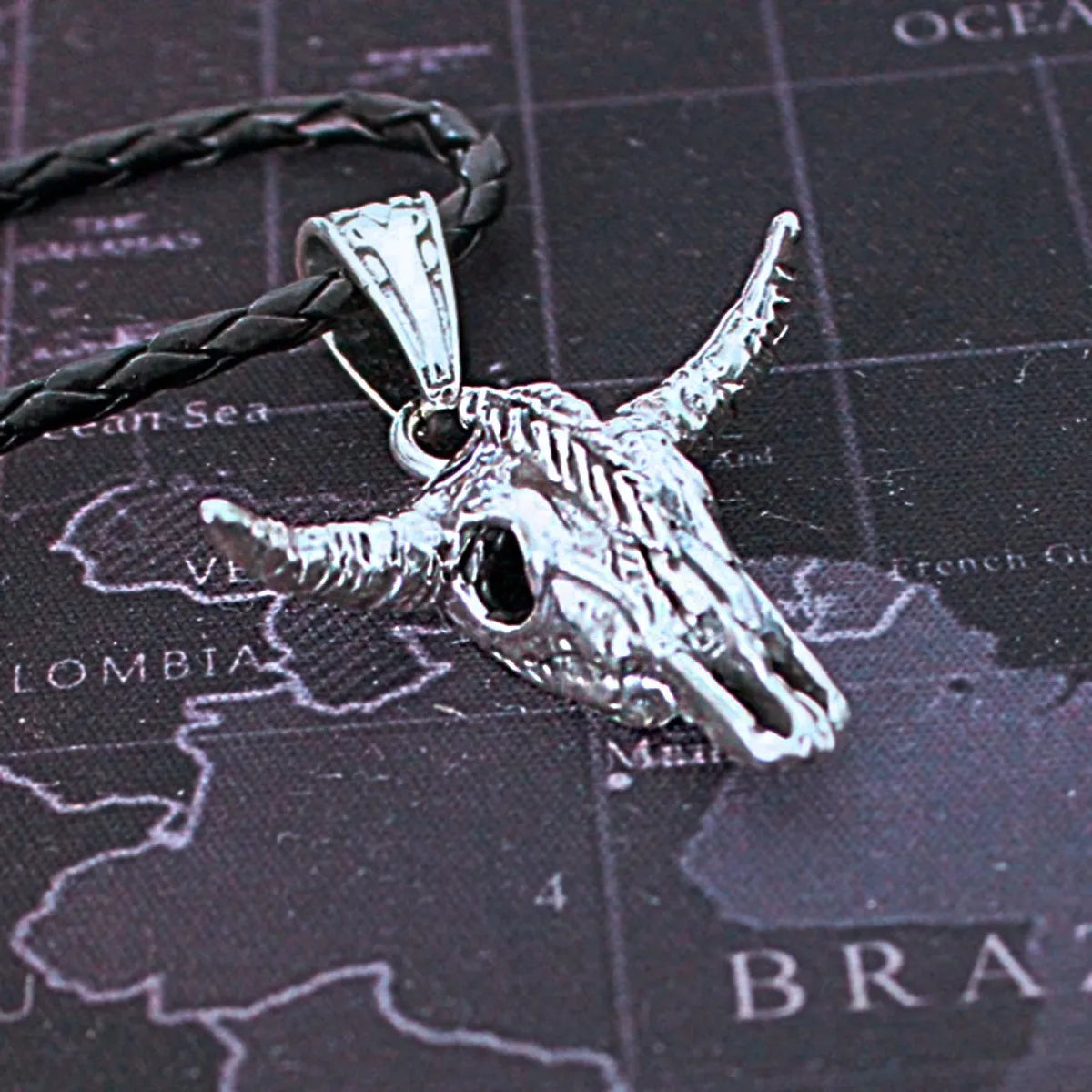 Dije Cranéo Cabeza Toro Plata Fina 925 Cordón Piel Genuina