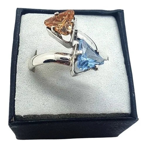 Anillo De Mujer Coatlicue Plata 925 Promesa Dama Compromiso Dorado Y Aguamarina