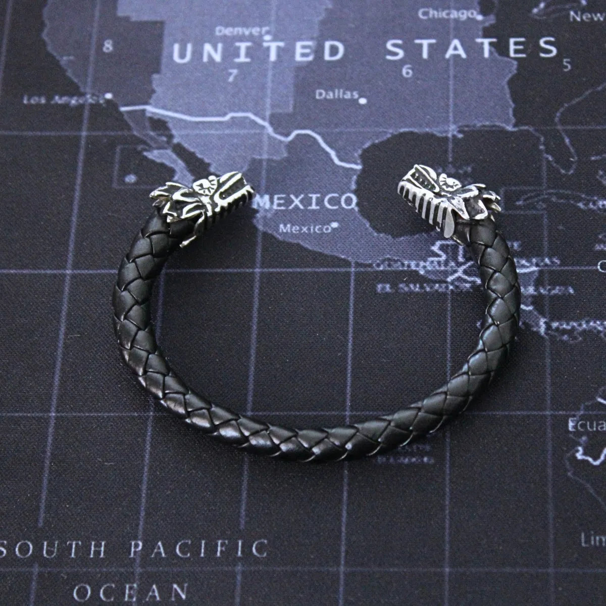 Pulsera Quetzalcóatl Hombre Plata 925 Piel Genuina Ajustable Plata
