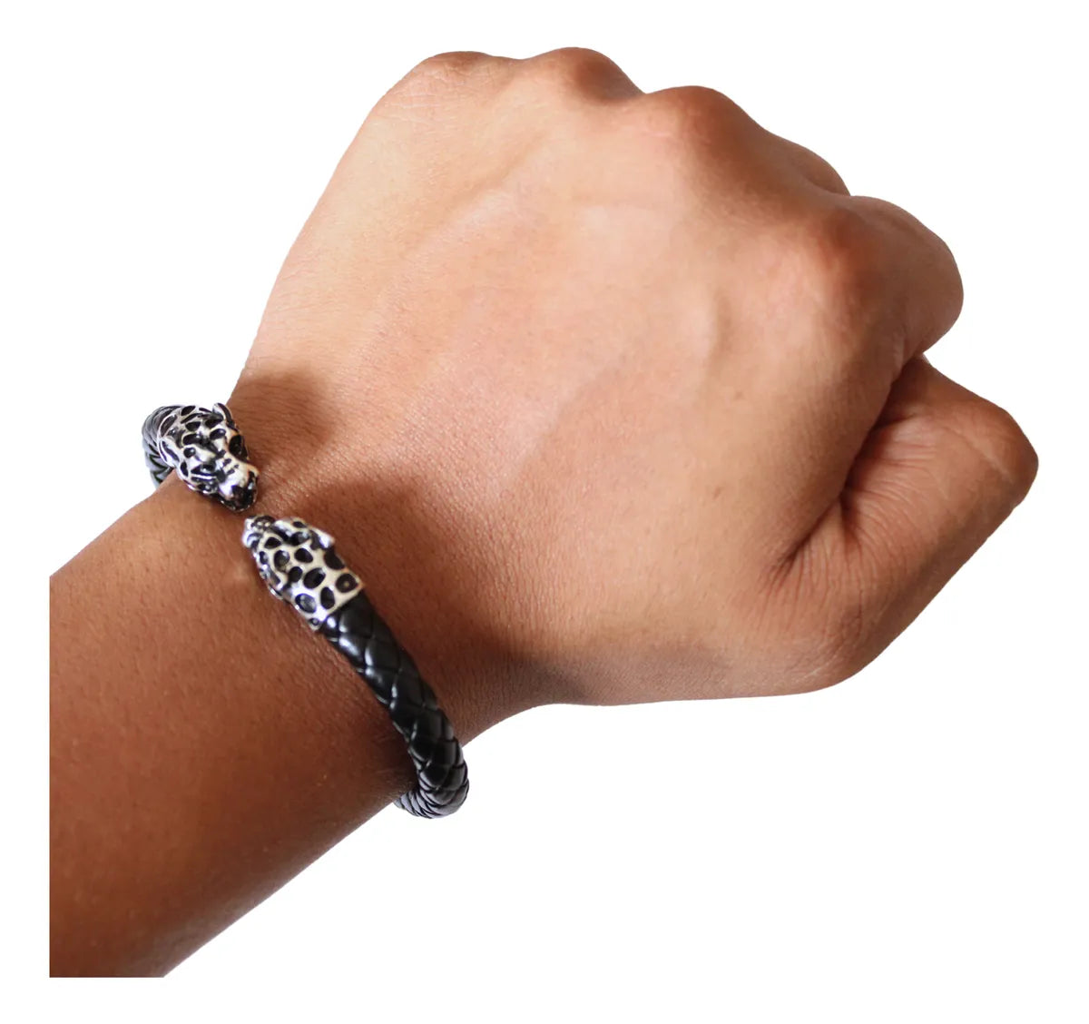 Pulsera Brazalete Vikingo Jaguar Doble Plata 925 Hombre Piel