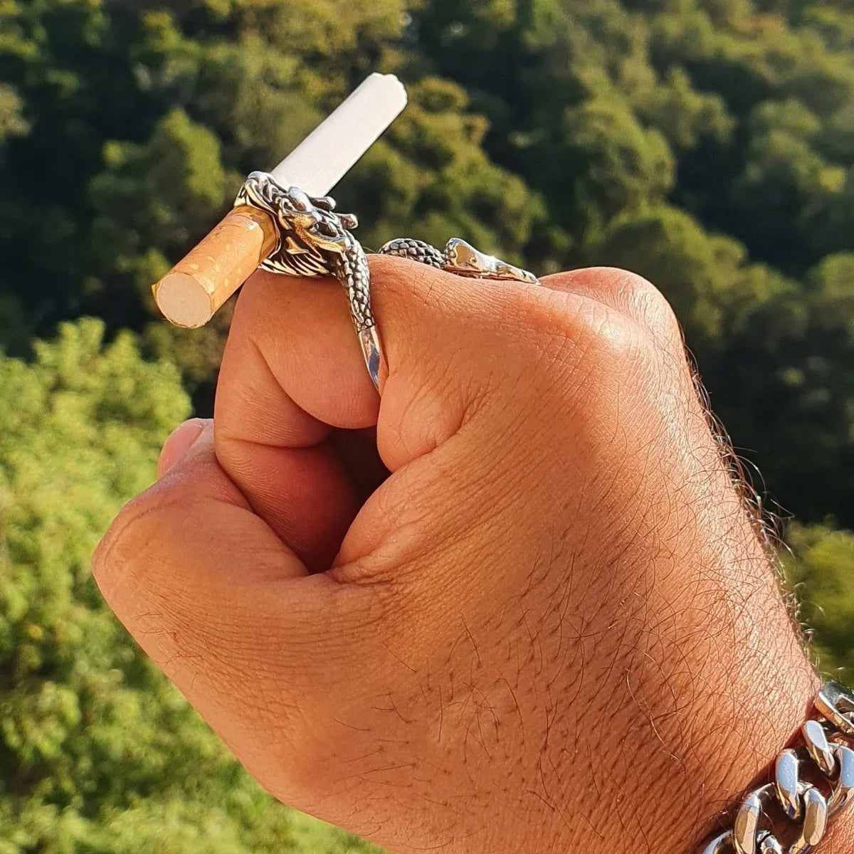 Anillo Dragón Sujeta Cigarros Plata 925 Ajustable Hombre