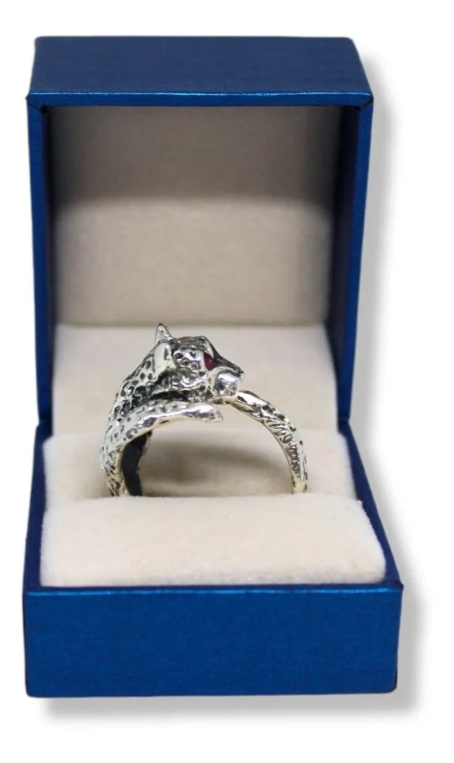 Anillo Jaguar Plata Fina 925 Ajustable Hombre Ideal Regalo Ojos Rojos