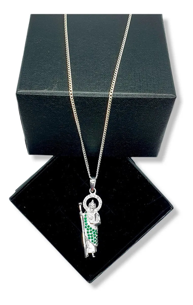 Dije San Judas Plata 925 Cadena Hombre Mujer Zirconias Esmeralda