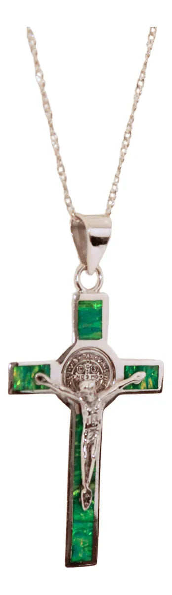Dije Crucifijo San Benito Plata 925 Ópalo Taxco Con Cadena Malaquita