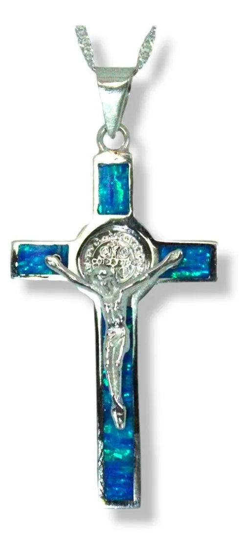 Dije Crucifijo San Benito Plata 925 Ópalo Cadena Hombre Nice - Azul Cielo