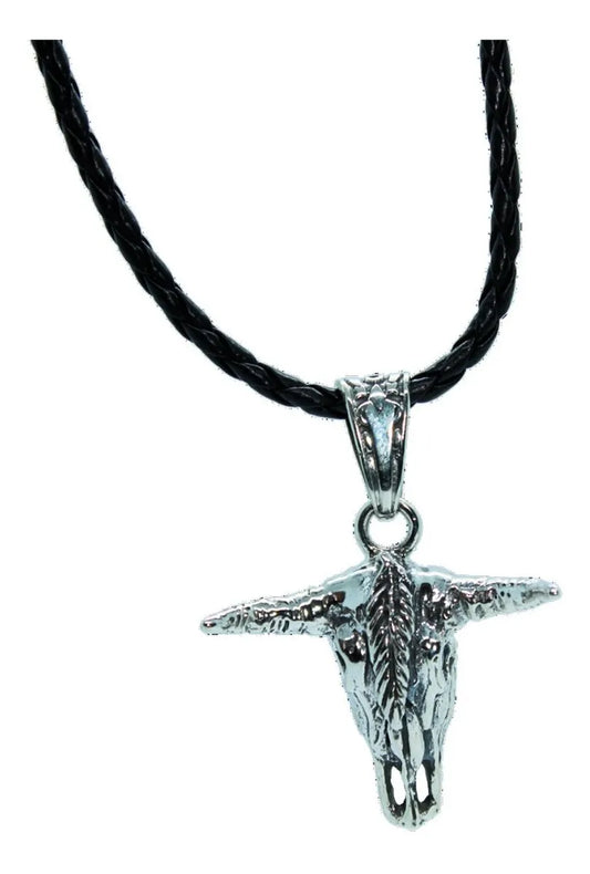 Dije Cranéo Cabeza Toro Plata Fina 925 Cordón Piel Genuina