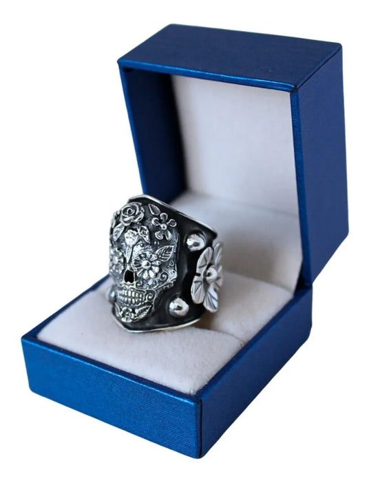 Anillo Mujer Calavera Flores Plata 925 Frida Kahlo Ajustable