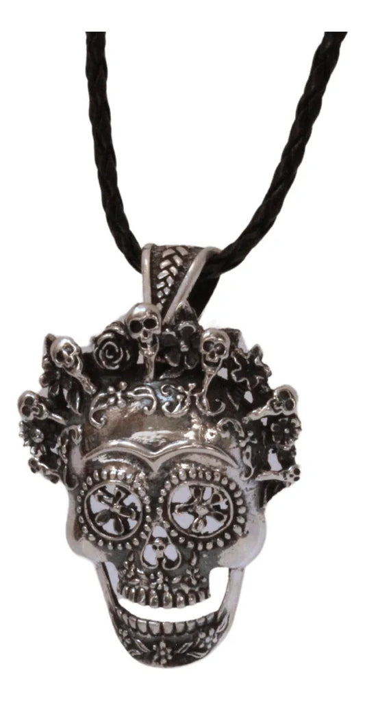 Dije Collar Mujer Frida Kahlo Calavera Con Flores Plata 925 Plateado