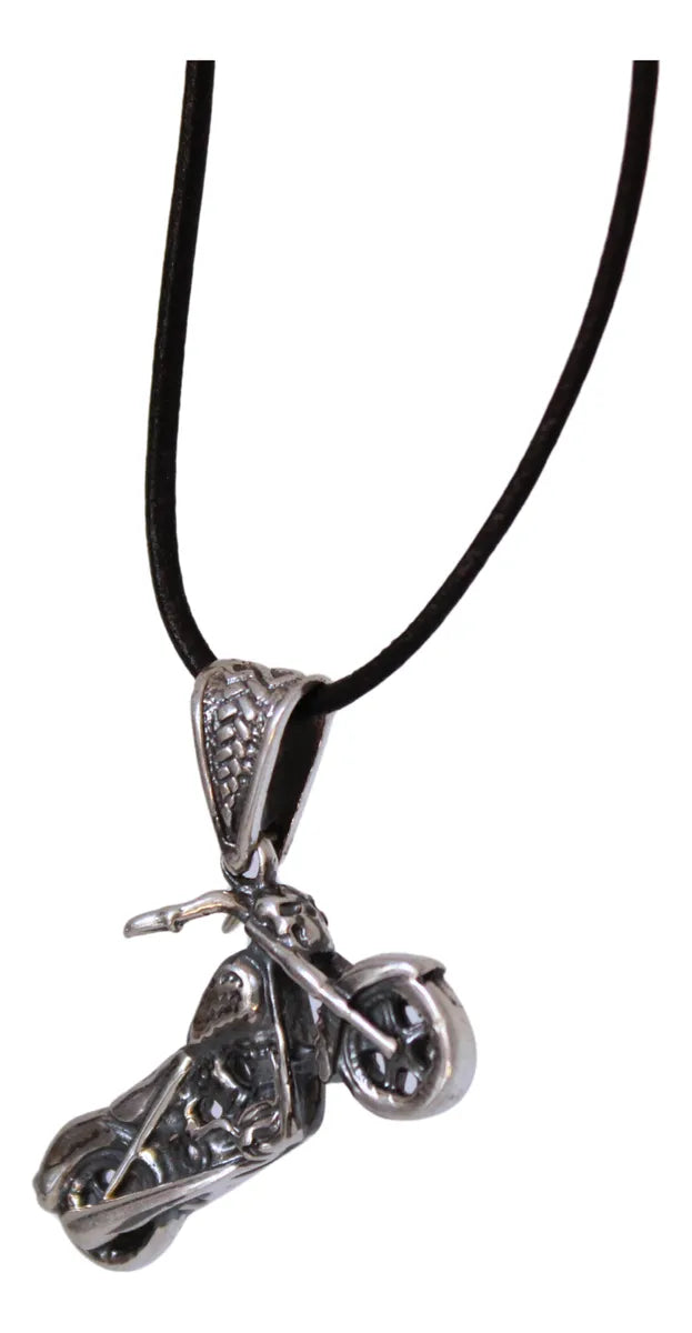 Dije Moto Chopper Calavera Plata 925 Hombre Cordón Piel Nice Plateado
