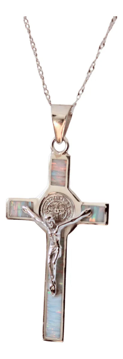 Dije Cruz San Benito Crucifijo Plata 925 Con Cadena Ópalo Blanco Unicornio