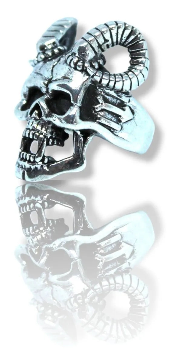 Anillo Cráneo Demonio Con Cuernos Plata 925 Hombre Gótico