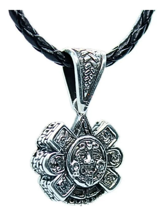 Dije Sol Calendario Azteca Plata 925 Hombre Cordón Piel