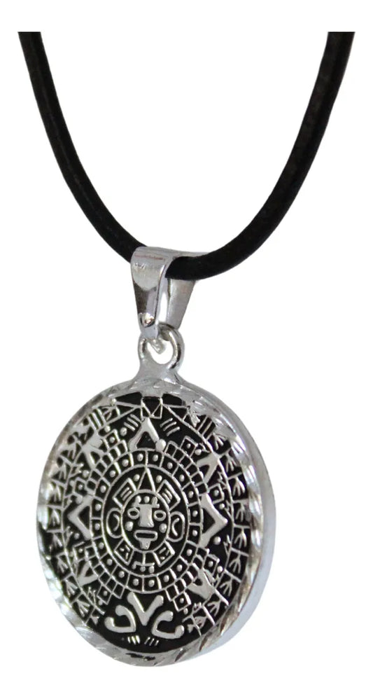 Collar Dije Calendario Azteca Y Templo Eclipse Doble Vista Plateado