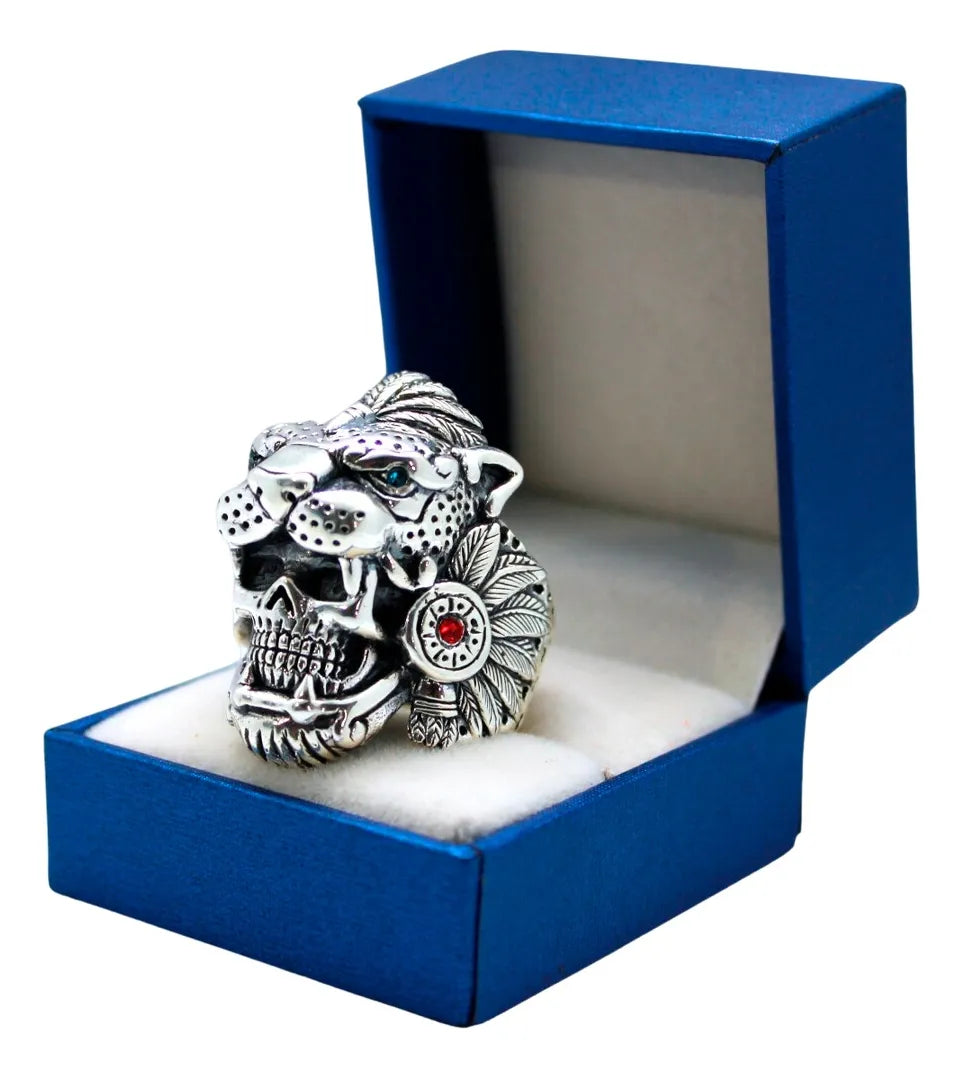 Anillo Guerrero Jaguar Azteca Plata 925 Hombre Macizo Fino