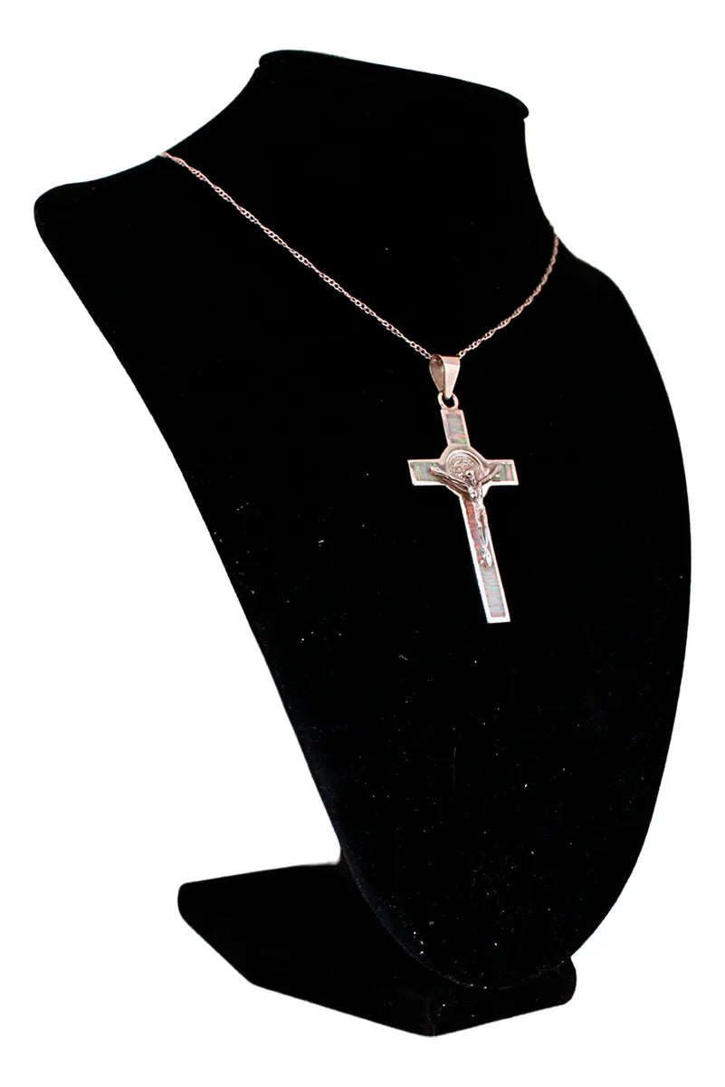 Dije Cruz San Benito Crucifijo Plata 925 Con Cadena Ópalo Blanco Unicornio