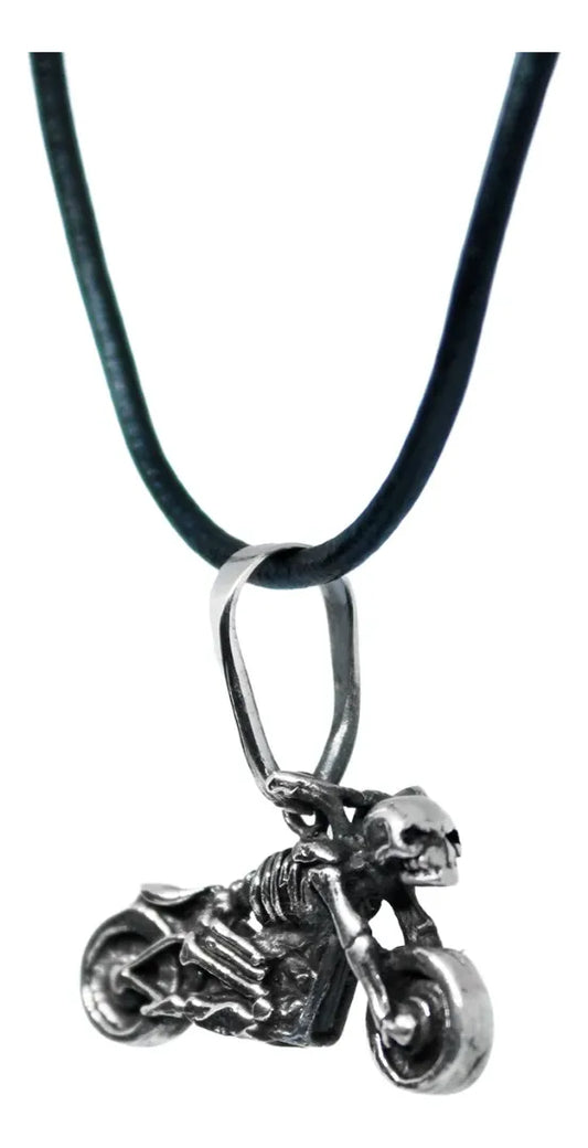 Dije Moto Calavera Chopper Plata 925 Cordón Piel Hombre