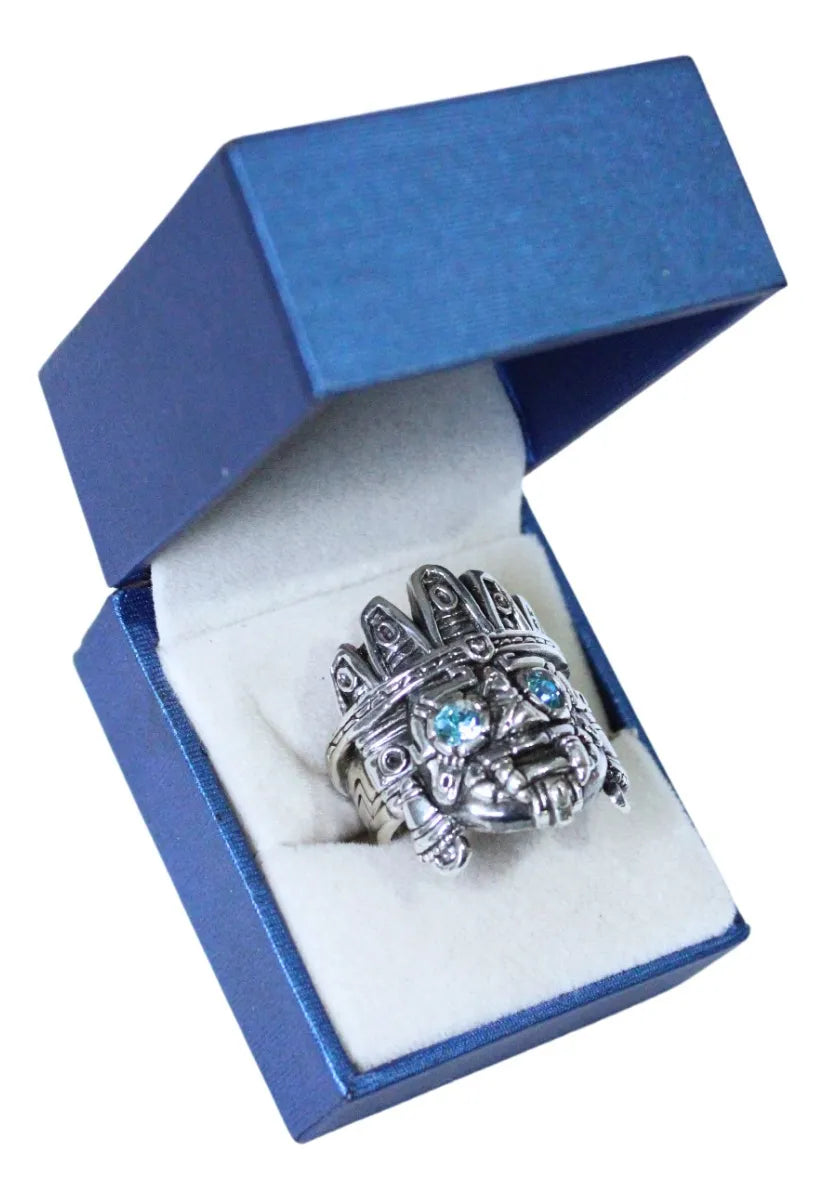 Anillo Tlaloc Plata 925 Zirconia Azul Maya Azteca Hombre