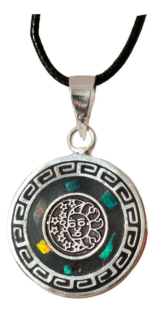 Dije Colgante Ópalo Sol Y Luna Plateado Calendario Azteca