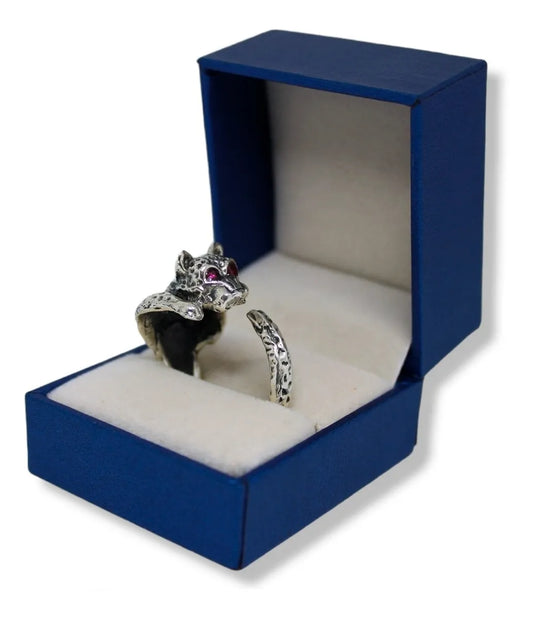 Anillo Jaguar Plata Fina 925 Ajustable Hombre Ideal Regalo Ojos Rojos