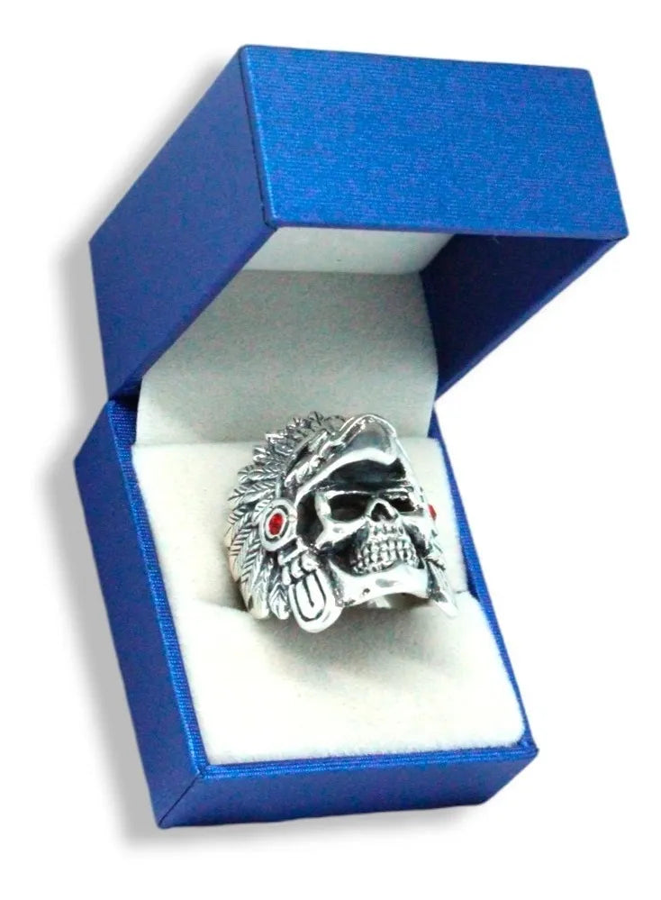 Anillo Guerrero Águila Azteca Plata 925 — Calavera con Piedras Granate