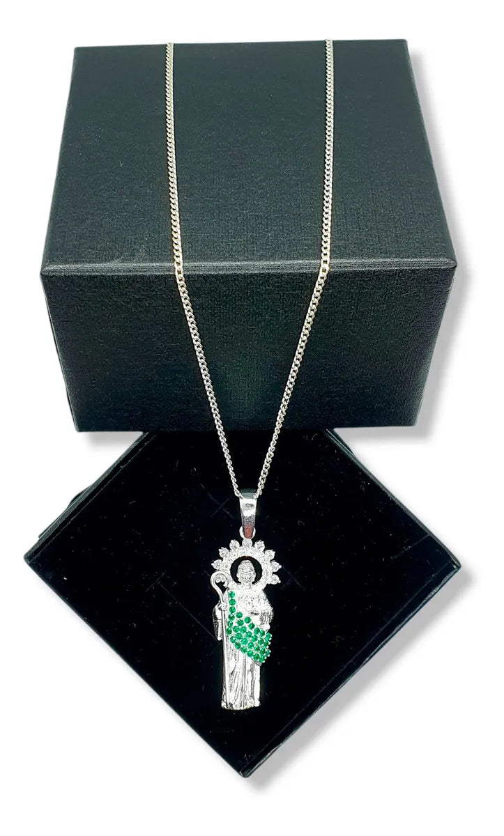 Dije San Judas Plata 925 Manto Esmeralda Zirconias Cadena