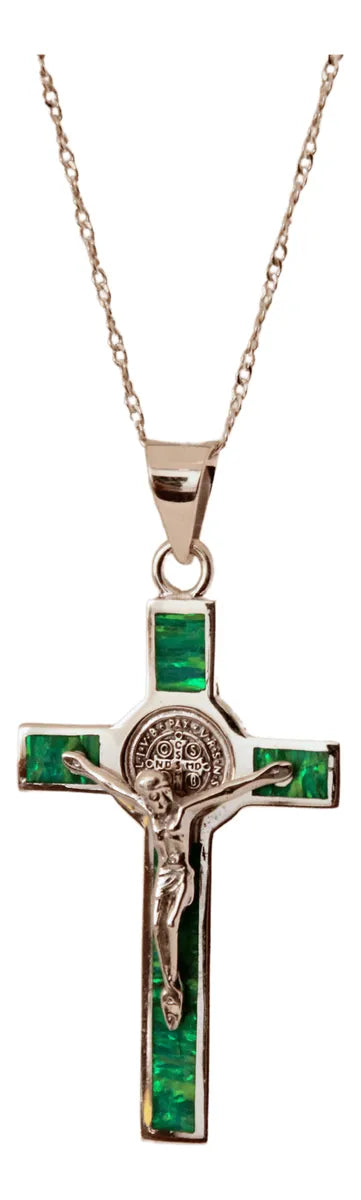 Dije Crucifijo San Benito Plata 925 Ópalo Taxco Con Cadena Malaquita