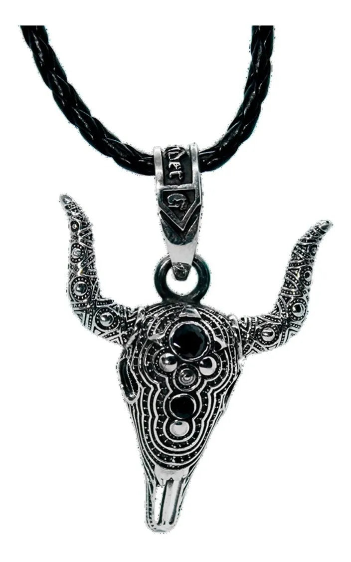 Dije Cabeza Toro Pavonado Cráneo Plata925 Hombre Cordón Piel Plata
