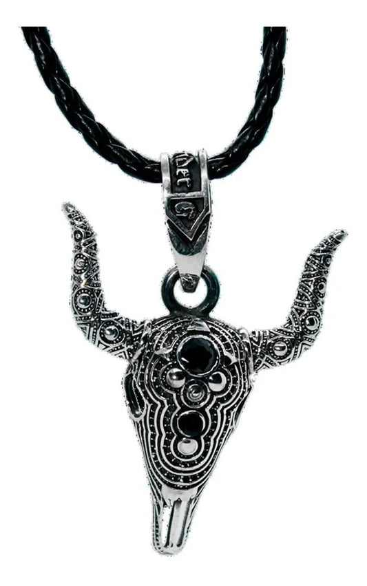 Dije Cabeza Toro Pavonado Cráneo Plata925 Hombre Cordón Piel Plata