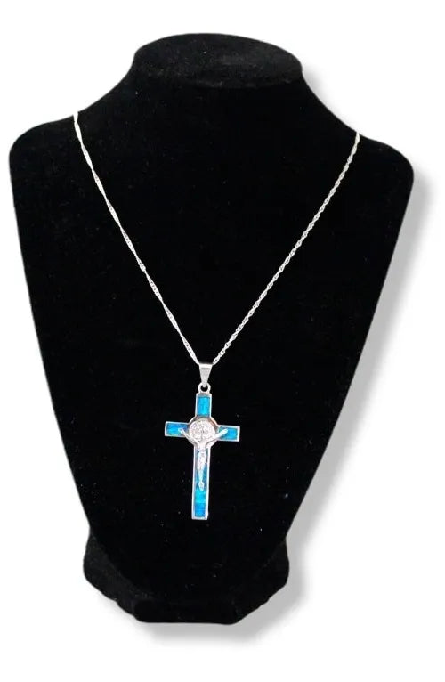 Dije Crucifijo San Benito Plata 925 Ópalo Cadena Hombre Nice - Azul Cielo