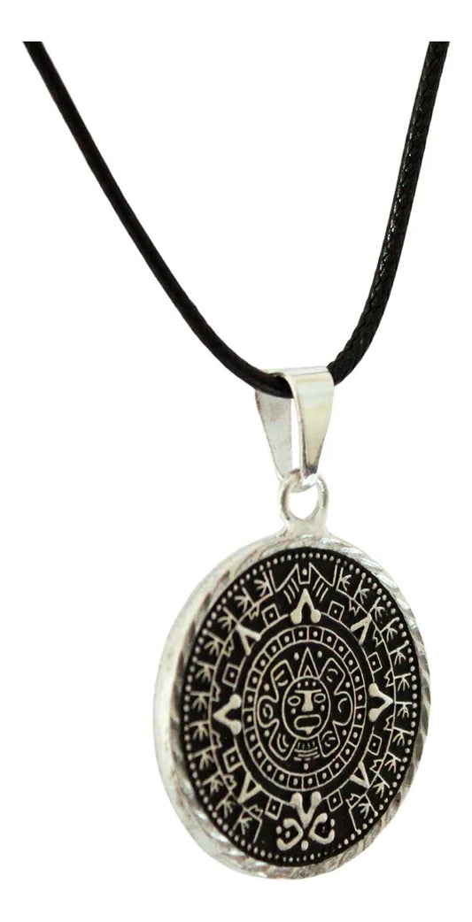 Collar Calendario Azteca Luna Sol Doble Cara Plateado