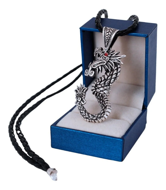 Dije Serpiente Quetzalcóatl Plata 925 Cordón Piel Genuina