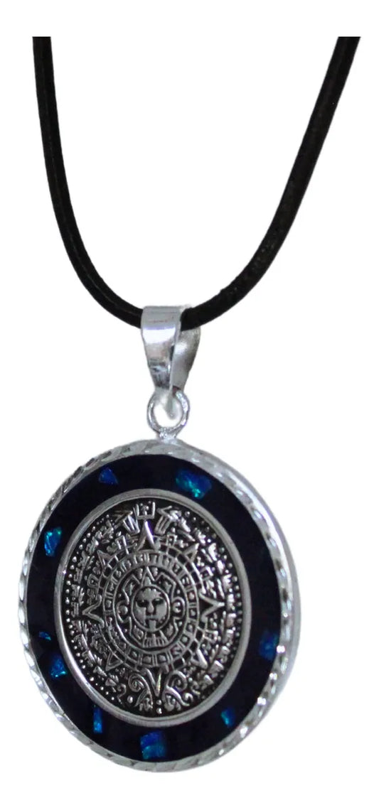 Collar Dije Calendario Azteca Maya Ópalo Azul Plata Hombre