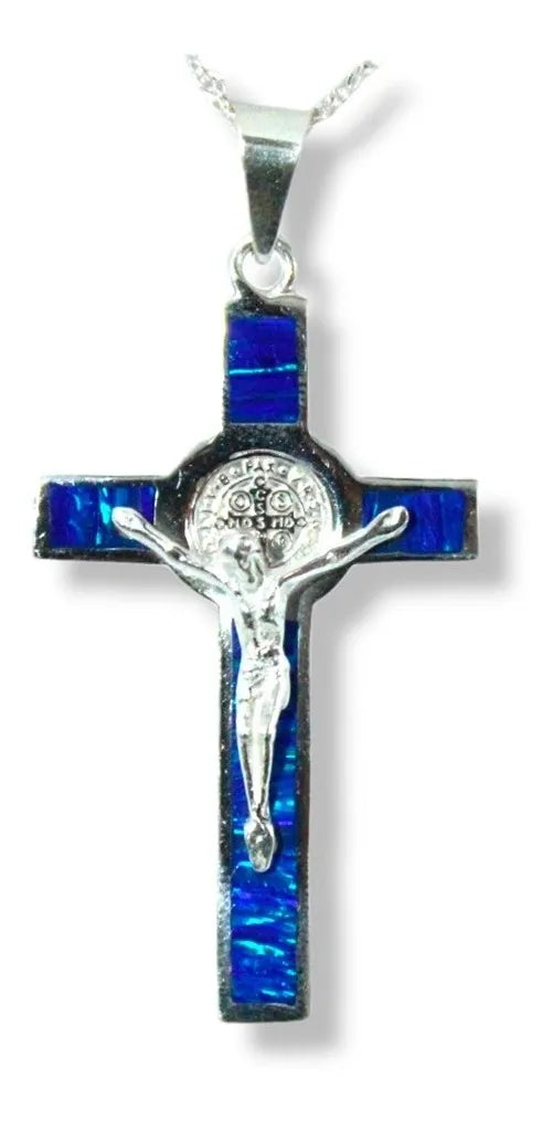 Dije Crucifijo San Benito Plata 925 Ópalo Cadena Hombre Nice - Azul Rey