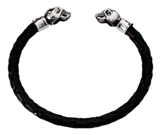 Pulsera Calaveras Plata 925 Piel Genuina Hombre Ajustable