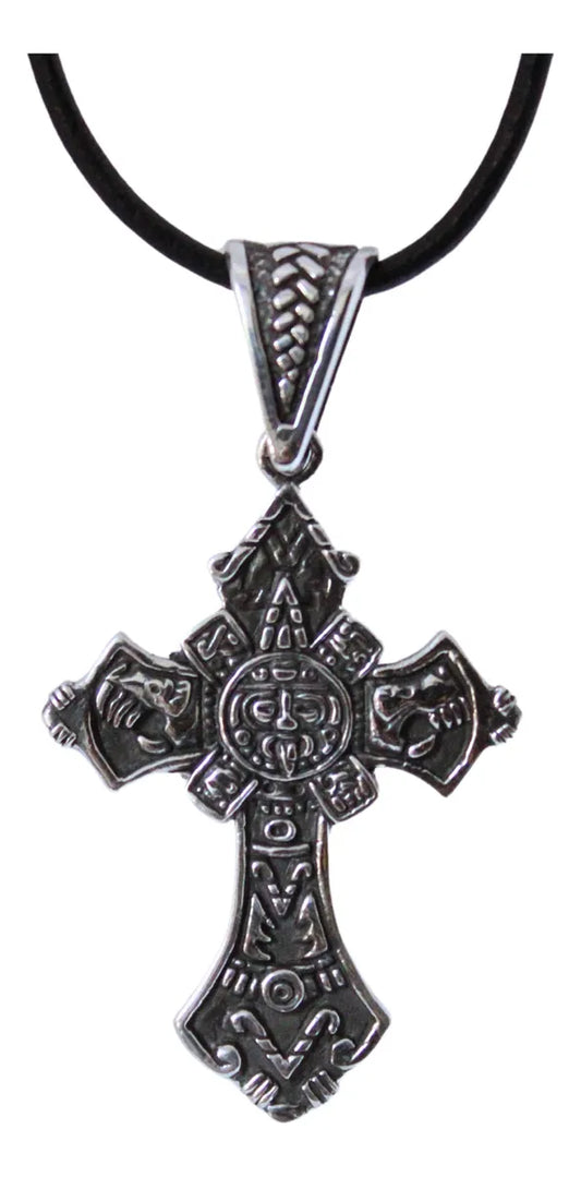 Collar Cruz Calendario Azteca Plata 925 Hombre Mujer Dije Plateado