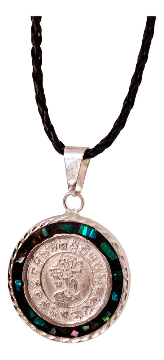 Collar Calendario Azteca Y Maya Dije Plateado Ópalo Bicolor