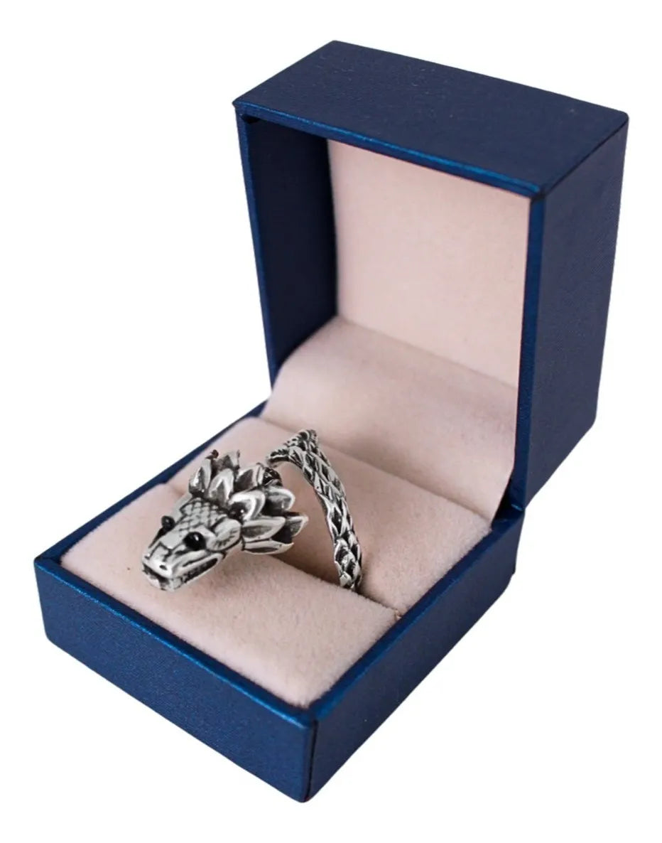 Anillo Quetzalcóatl Serpiente Ajustable Plata 925 Ojos Negro Ojos Negros