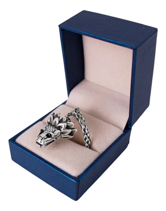 Anillo Quetzalcóatl Serpiente Ajustable Plata 925 Ojos Negro Ojos Negros