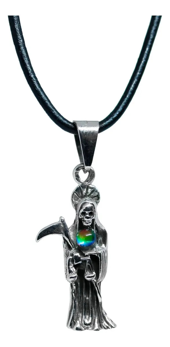 Dije Santa Muerte Plata 925 Cordón Piel Esfera Tornasol | Joyería Gamma