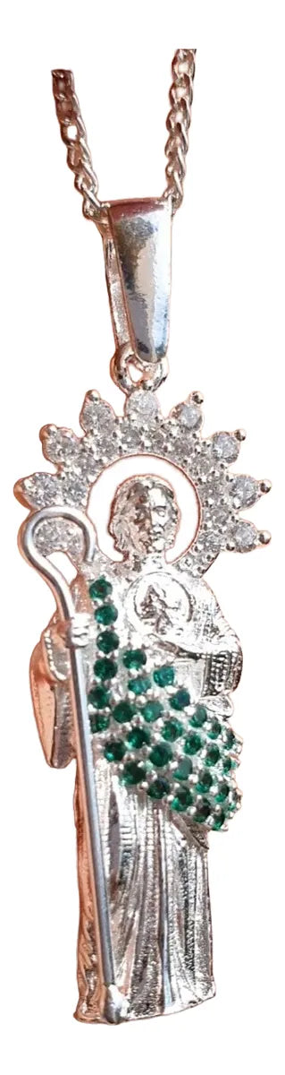 Dije San Judas Plata 925 Manto Esmeralda Zirconias Cadena