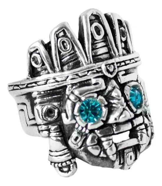 Anillo Tlaloc Plata 925 Zirconia Azul Maya Azteca Hombre