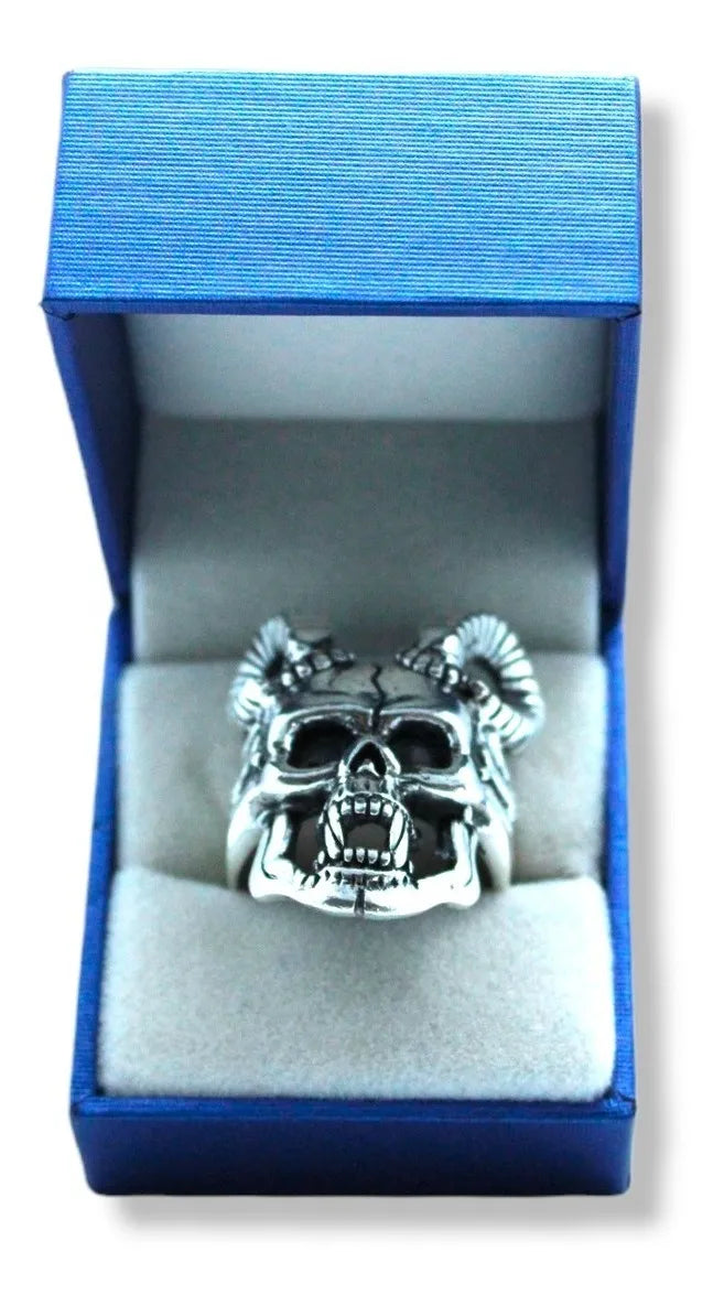 Anillo Cráneo Demonio Con Cuernos Plata 925 Hombre Gótico