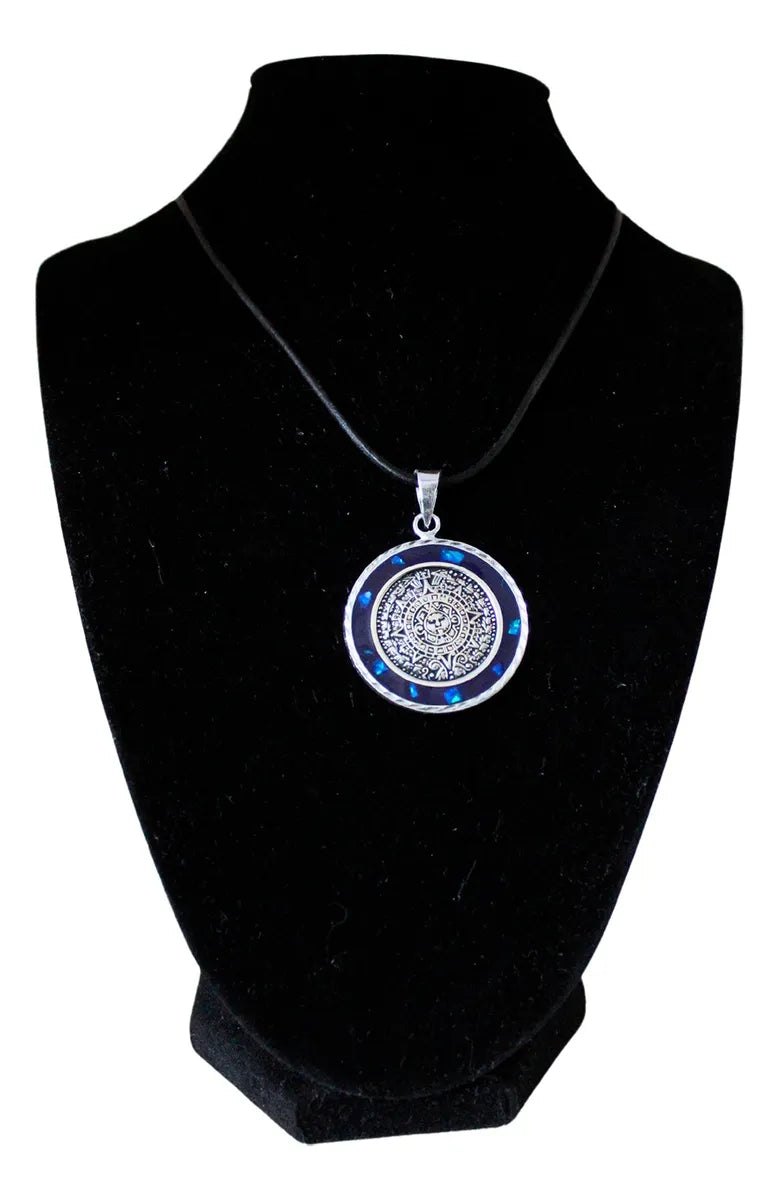Collar Dije Calendario Azteca Maya Ópalo Azul Plata Hombre
