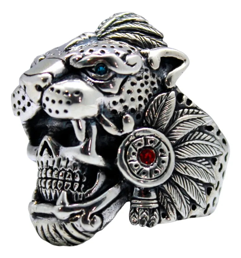Anillo Guerrero Jaguar Azteca Plata 925 Hombre Macizo Fino