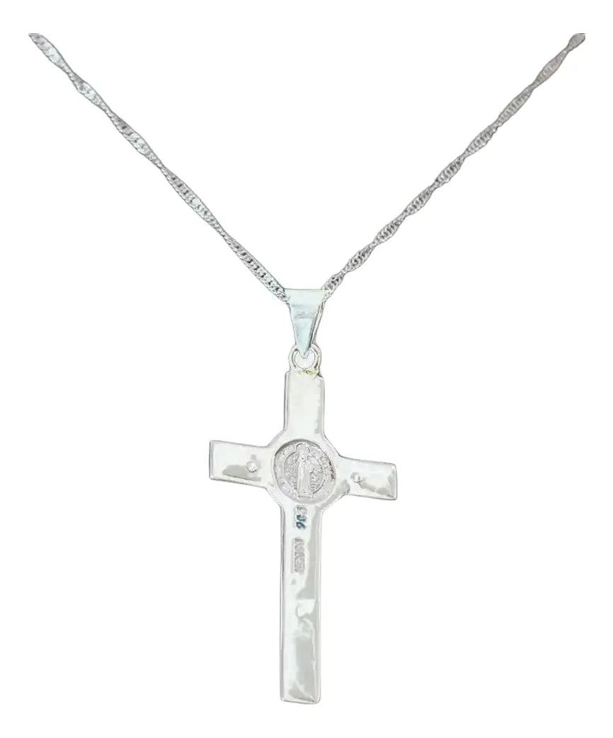 Dije Crucifijo San Benito Plata 925 Ópalo Taxco Con Cadena Malaquita
